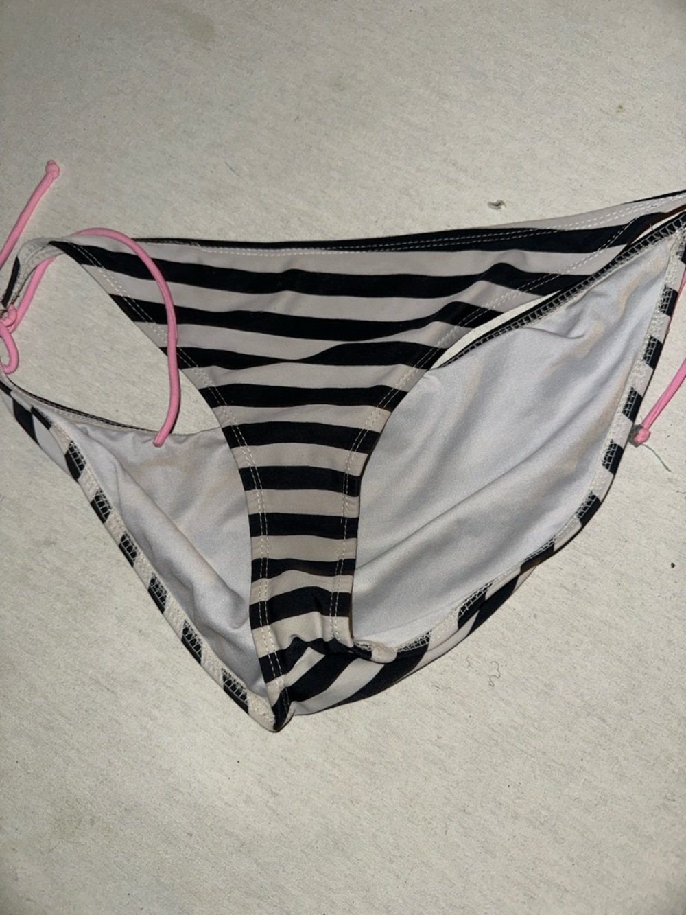 Womens Size L Black and White Striped Bikini Bottom with Pink Ties